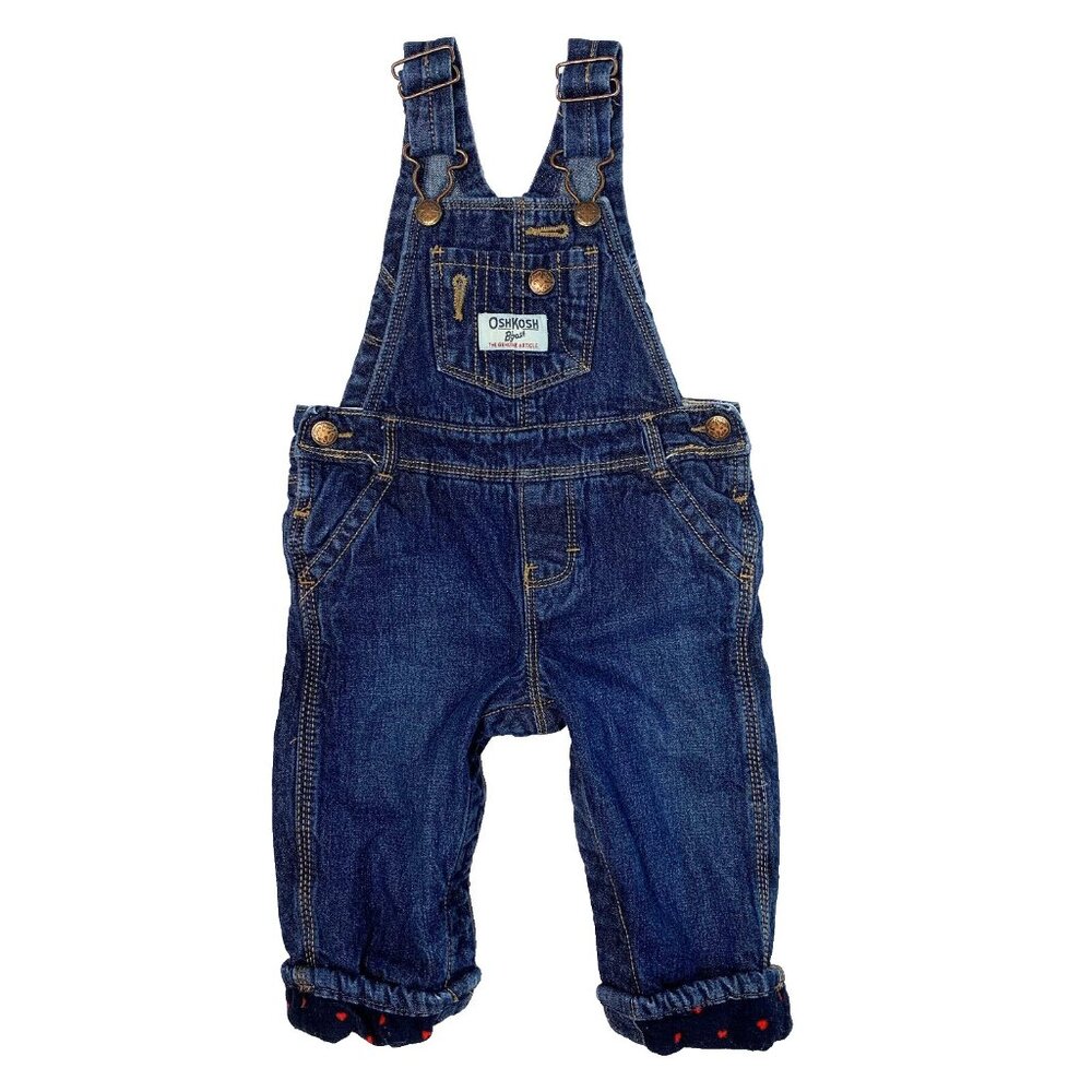 OshKosh B'gosh Vestbak Size 9M Overalls Denim Pants Flannel Lining Hearts Snaps
